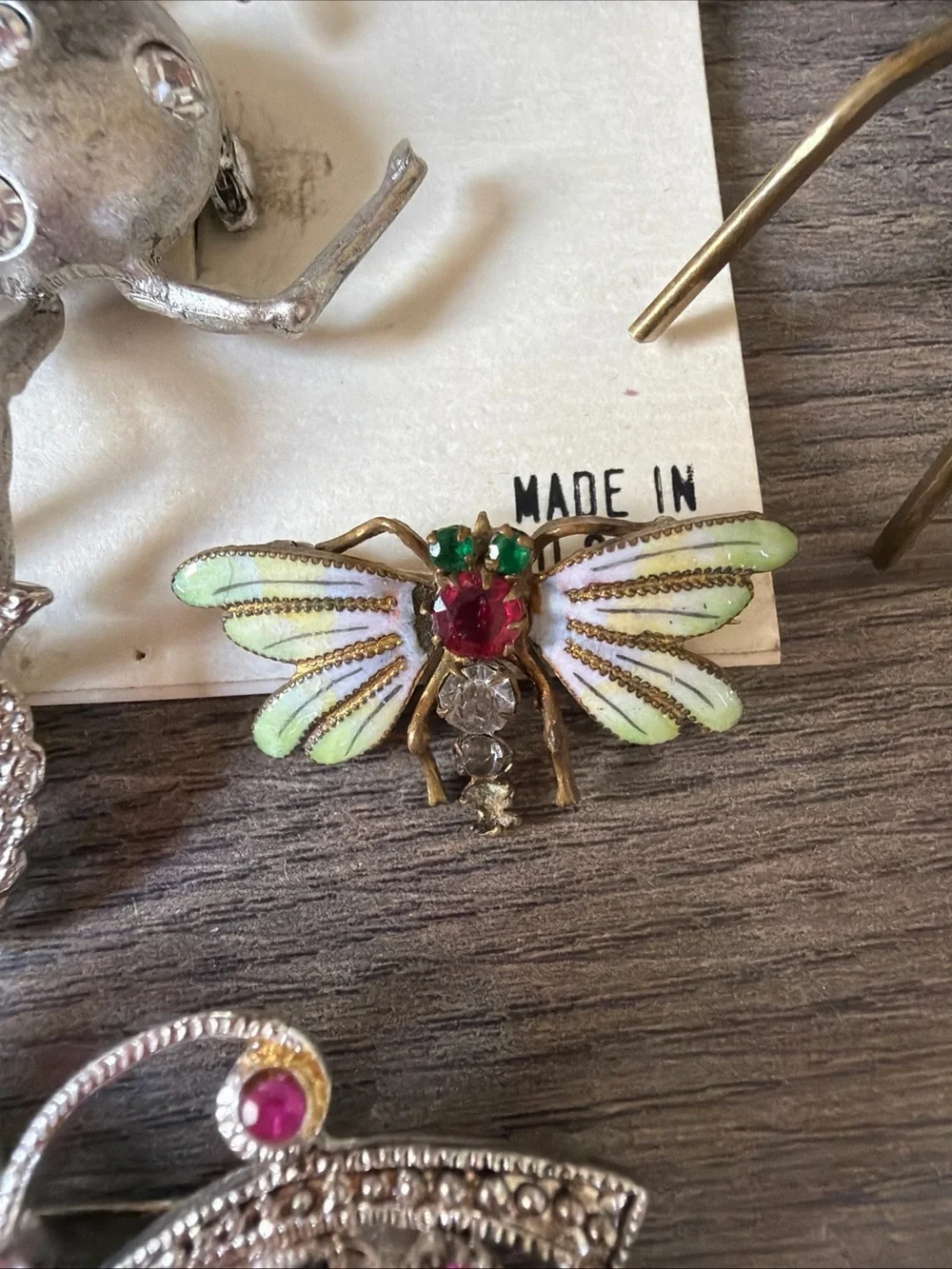 6 vintage Bugs,Butterflies & Spider Pins Brooches Enamel , Pink Rhinestones….